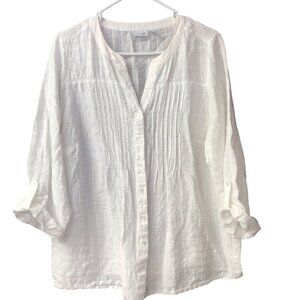 Kim Rogers Womens White Button-Down Textured Blouse WiPintuck Details 3/4 Sleeve